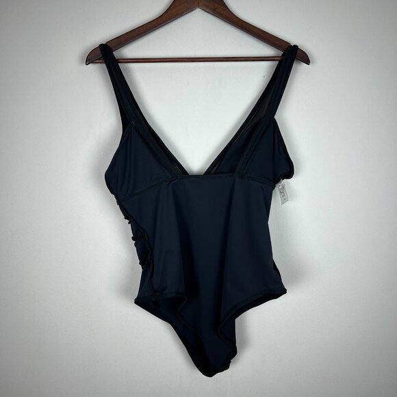 Cutout Mesh Sheer Swimsuit Womens XL Black One Piece Padded Bust V-Neck Low Back - Picture 9 of 11